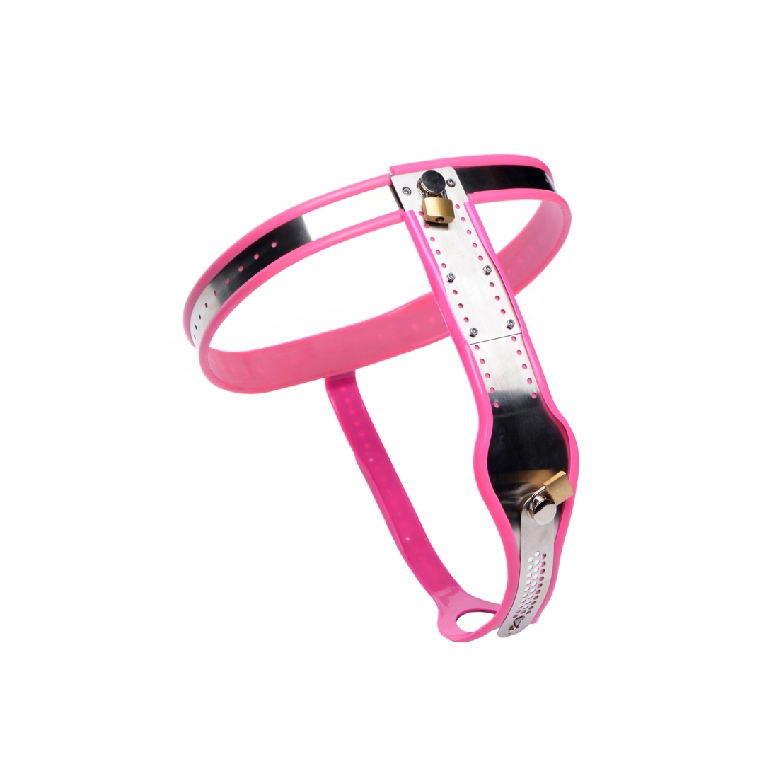 XR Brands Female Chastity Belt stal nierdzewna z regulacją i różową podszewką