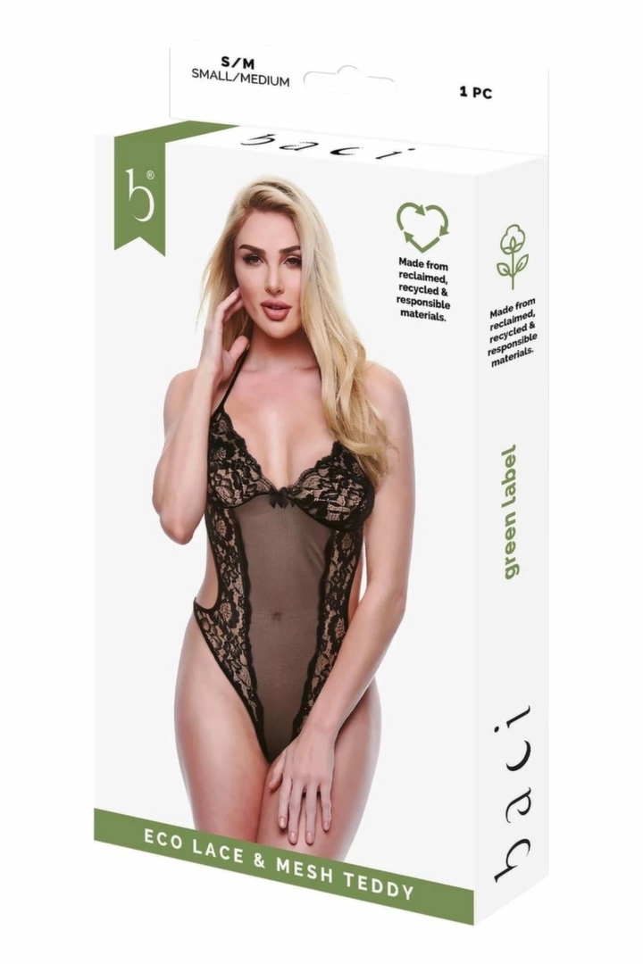 Baci Eco Lace & Mesh Teddy Black S/M – ekologiczny koronkowy body, czarny, głęboki dekolt