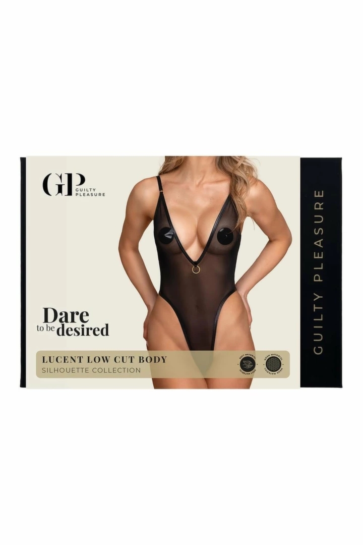 Guilty Pleasure Lucent Low Cut Body S/M – czarny, siateczkowy, głęboki dekolt, regulacja