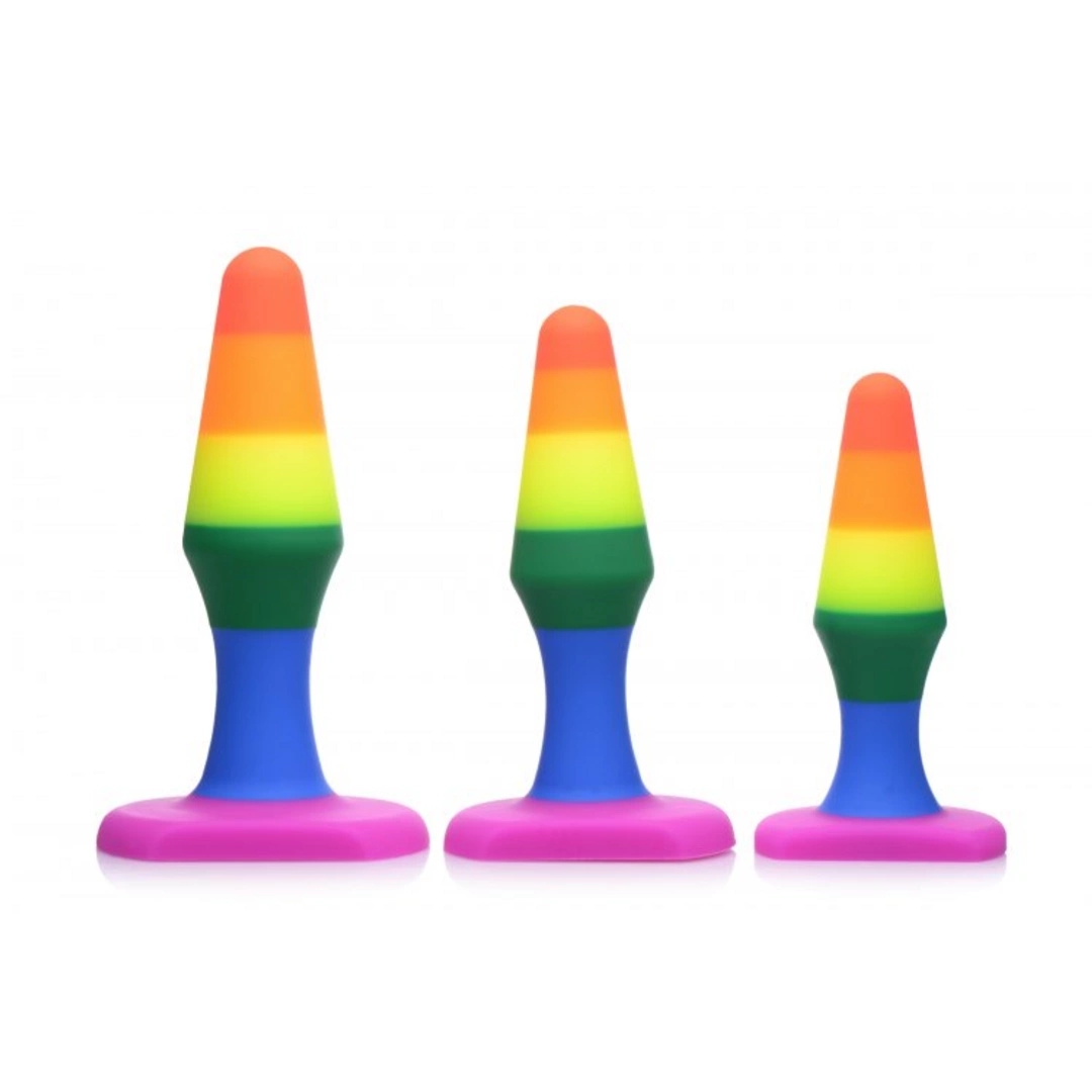 XR Brands Rainbow silikonowy zestaw trzech korków do treningu, kolorowy, anatomiczny kształt