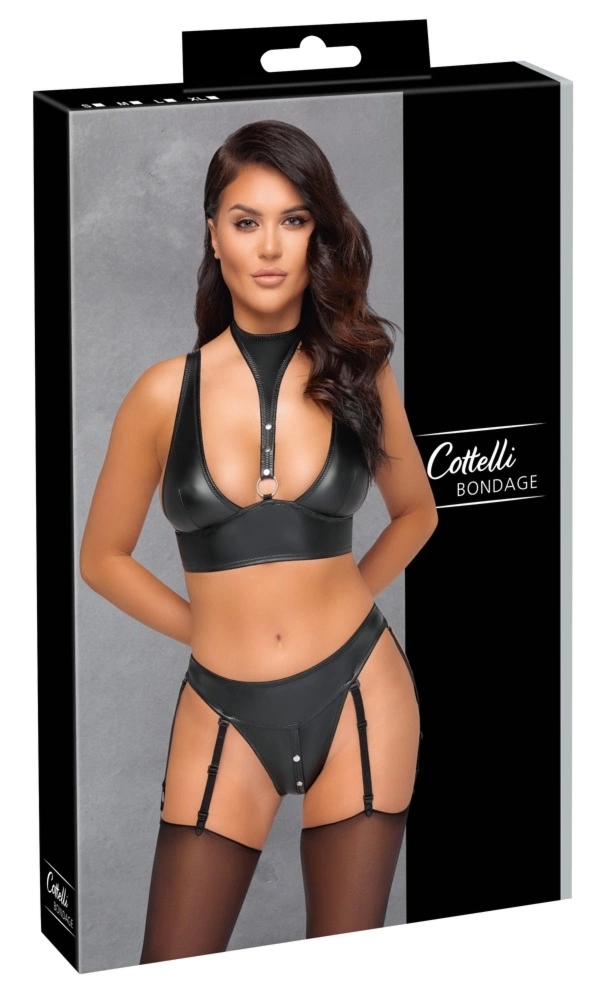 Cottelli Bondage XL – matowy czarny komplet bralette i majtki z podwiązką oraz srebrnymi detalami