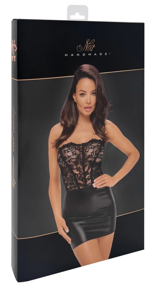 Noir Libido XL Czarna Mini Sukienka z Koronką, Powerwetlook i Regulowanym Sznurowaniem