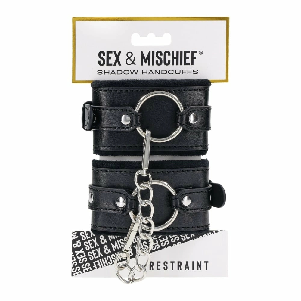 SPORTSHEETS Sex and Mischief Shadow czarne mankiety z ekoskóry, welurowa podszewka, łańcuch