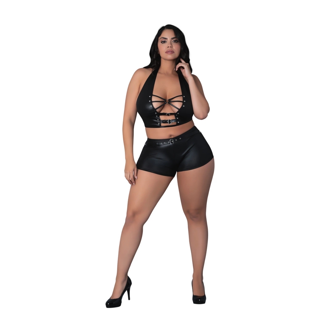 Magic Silk Thalia Top i Szorty 2XL z pierścieniami i ćwiekami, czarny, kolekcja Lust Fetish