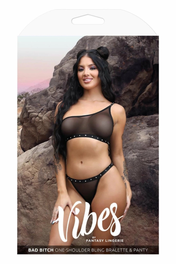 Fantasy Lingerie BAD BITCH BLING zestaw bralette & bikini czarny M/L z ozdobnymi kryształkami