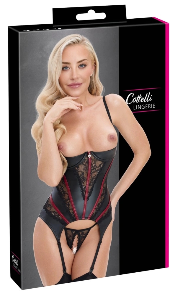 Cottelli LINGERIE Shelf Bra Basque L czarny z czerwonymi akcentami, gorset i string