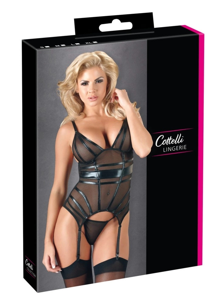 Cottelli Collection L – Koszulka siateczkowa z paskami wetlook i stringi, czarna, regulacja
