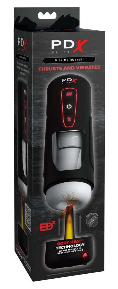 PDX Elite Milk Me Hotter Black – automatyczna maszyna intymna z podgrzewaniem, wibracjami, LED