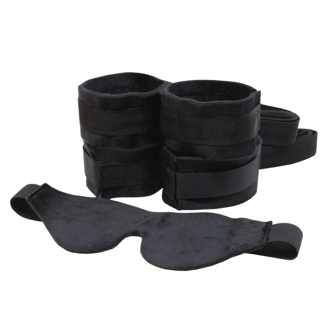 Sportsheets S&M Our First Bondage Kit – czarny zestaw startowy z opaską na oczy i opaskami