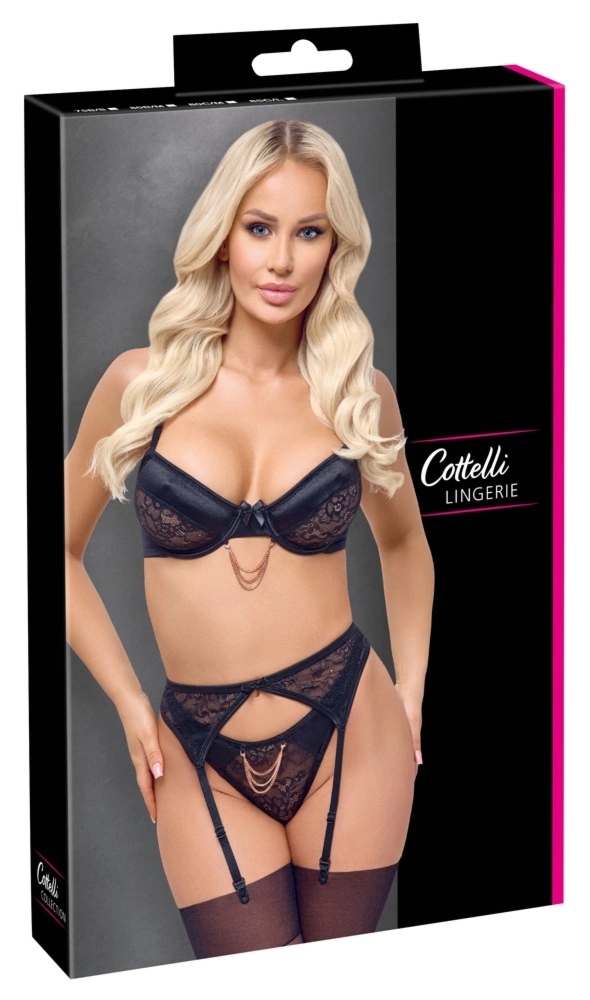 Cottelli Lingerie komplet czarny 75B/S z biżuteryjnymi łańcuszkami i pasem do pończoch