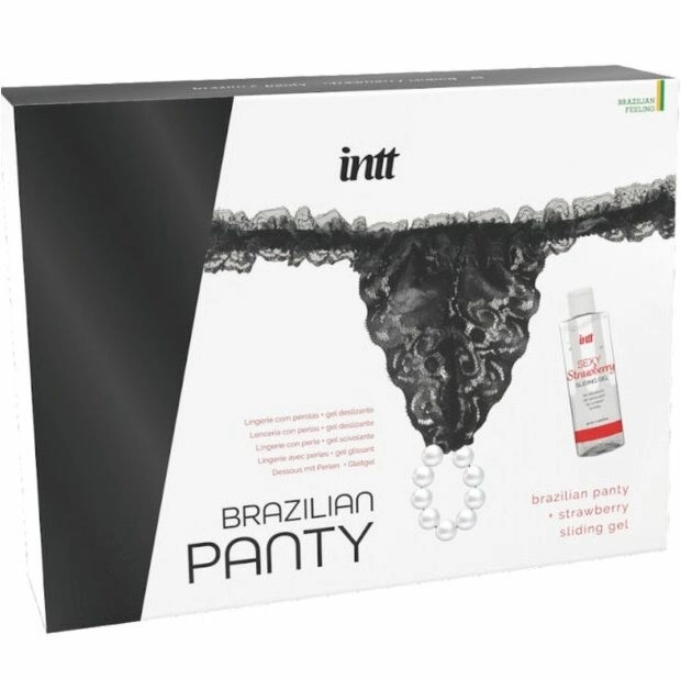 INTT Black perłowa bielizna brazylijska z żelem truskawkowym 50 ml S-XL, czarna koronka