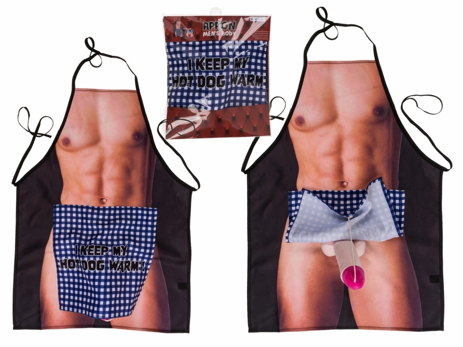 Apron Fartuch kuchenny z pluszowym elementem, napis I keep my hot dog warm, humorystyczny