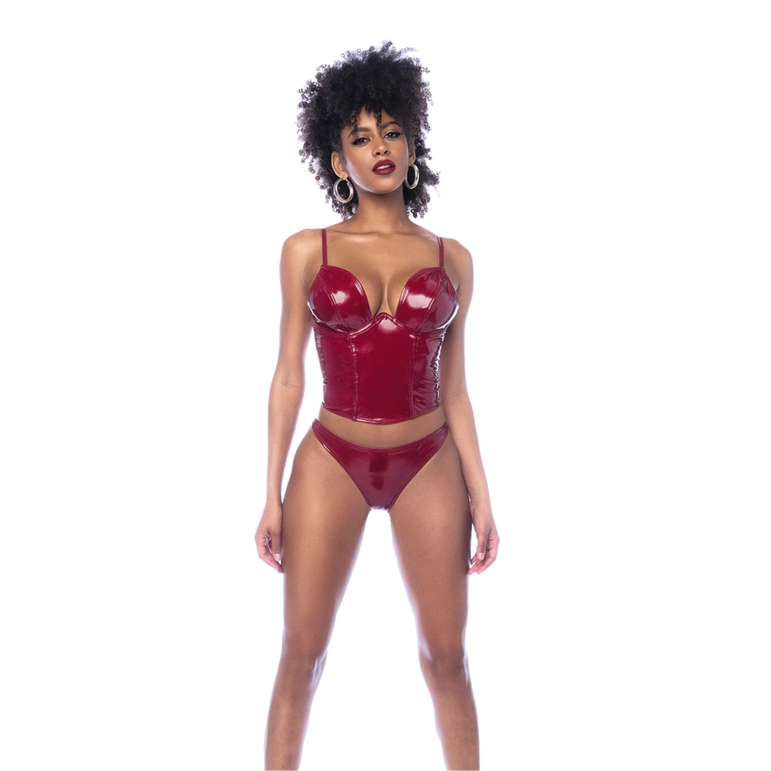 Mapale Komplet Winylowy XL Bustier & Stringi Gloss Wine Red z zamkiem i regulacją