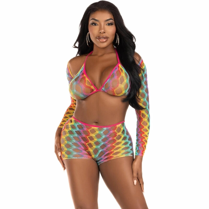 Leg Avenue Zestaw 3-częściowy Rainbow - top, bolerko, spodenki, One Size, siateczkowy, tęczowy