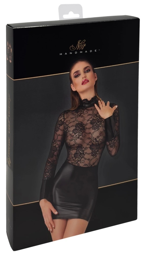 Noir Handmade Dress S mini, czarna, koronka, powerwetlook, stojka, szerokie mankiety