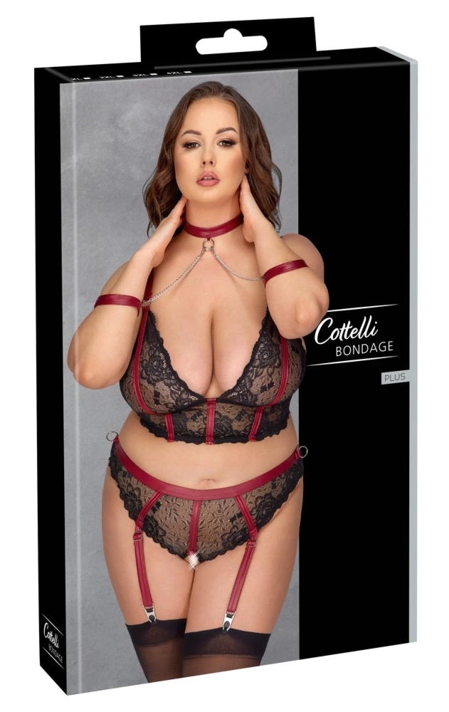 Cottelli Collection Bondage Plus 2XL – czarny komplet koronkowy z czerwonymi akcentami, kołnierzem i mankietami