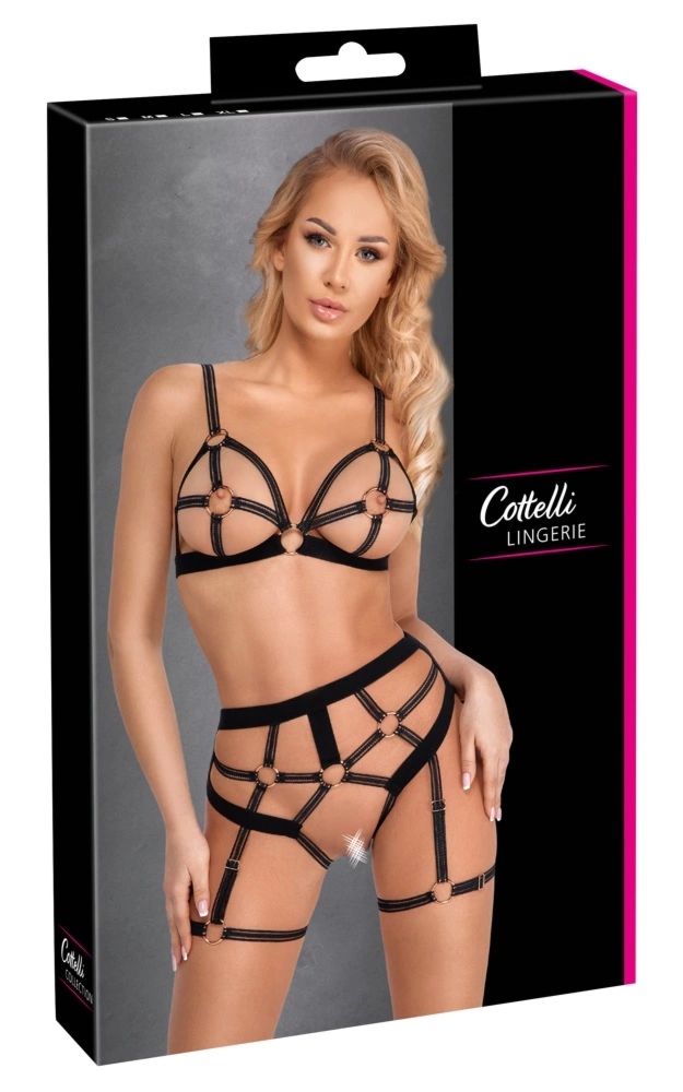 Cottelli LINGERIE komplet paseczków XL czarny biustonosz i figi z pierścieniami rose gold