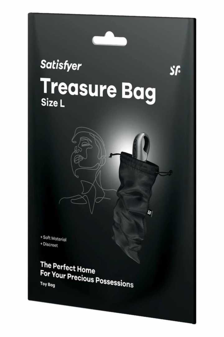 Satisfyer Treasure Bag L Black, woreczek ochronny na akcesoria, rozmiar L, czarny, ściągacz