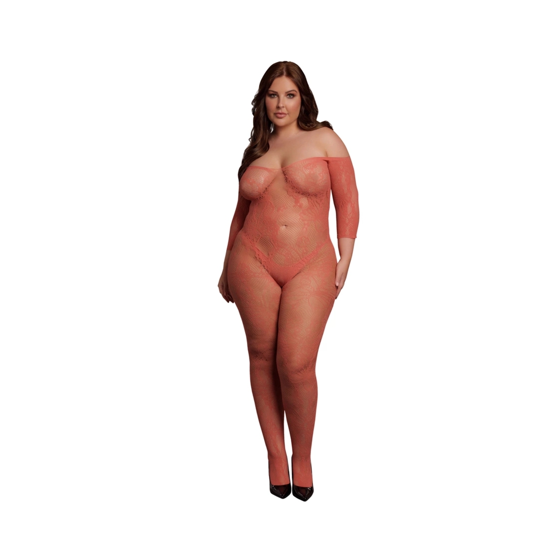Le Desir Bodystocking Queen Size XL-4XL czarny, koronkowy, długi rękaw, otwarty system