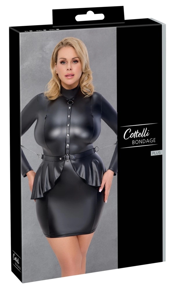 Cottelli BONDAGE Sukienka Matowa Czarna 3XL z Mankietami, Łańcuszkami i Peplum