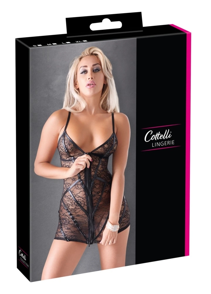 Cottelli Lingerie sukienka XL czarna, kwiatowa koronka, wet look paski, zamek dwukierunkowy