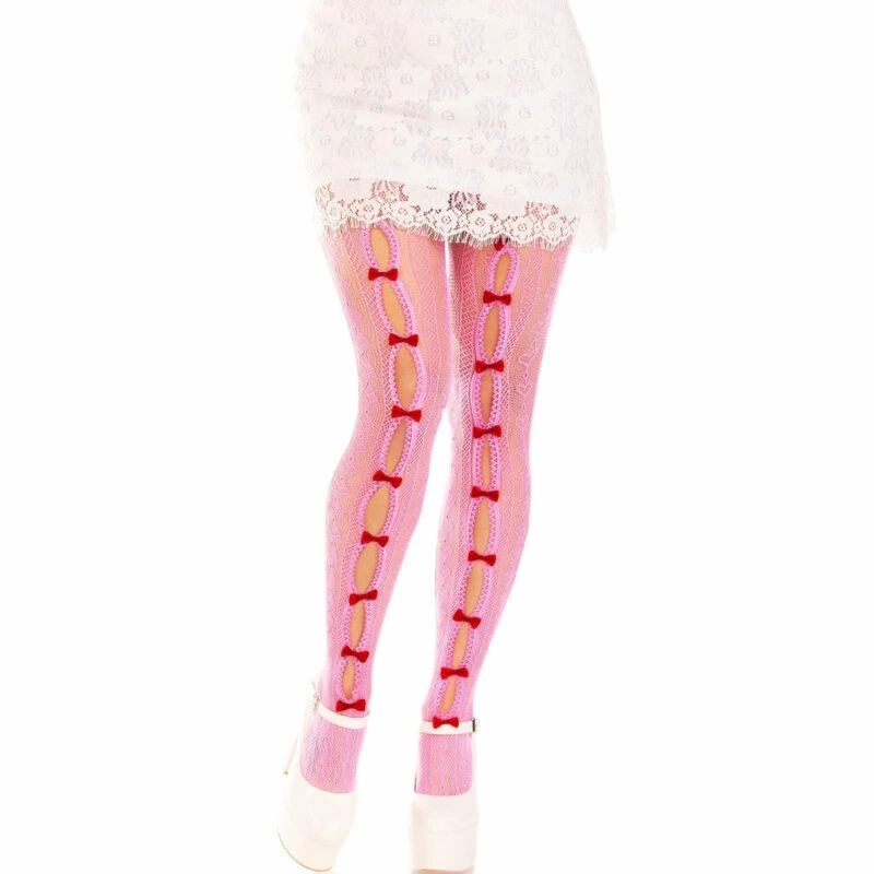 Leg Avenue Sweetheart Net kabaretki z motywem serca i różowymi kokardkami, paski, biało-różowe