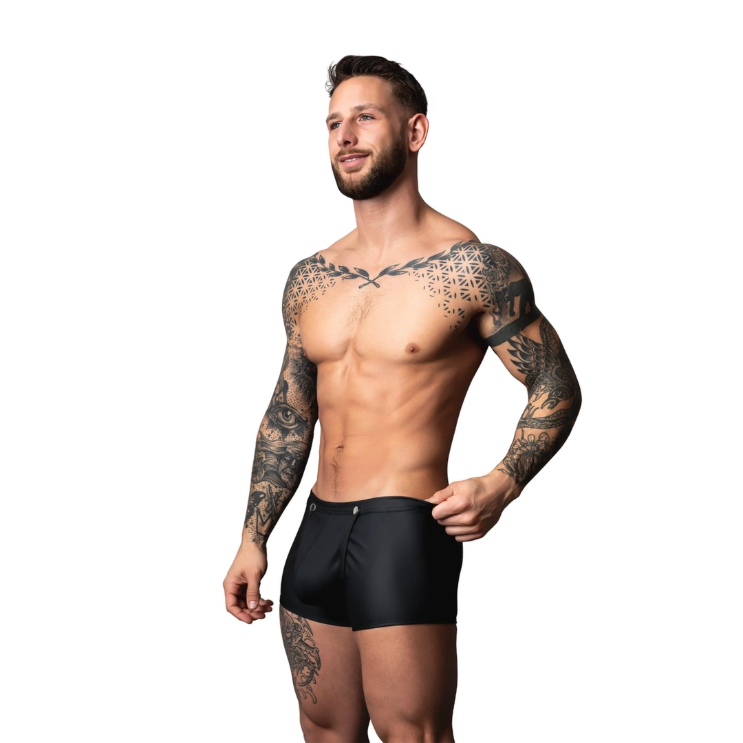 Male Power Snap Off Short M czarne szorty z matowego spandexu i zatrzaskami