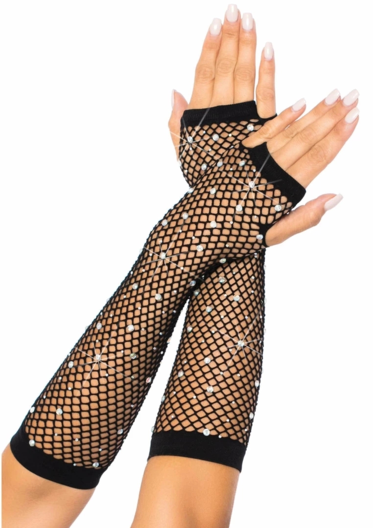 Leg Avenue Rhinestone Fishnet Arm Warmers – siateczkowe ocieplacze z kryształkami, czarne