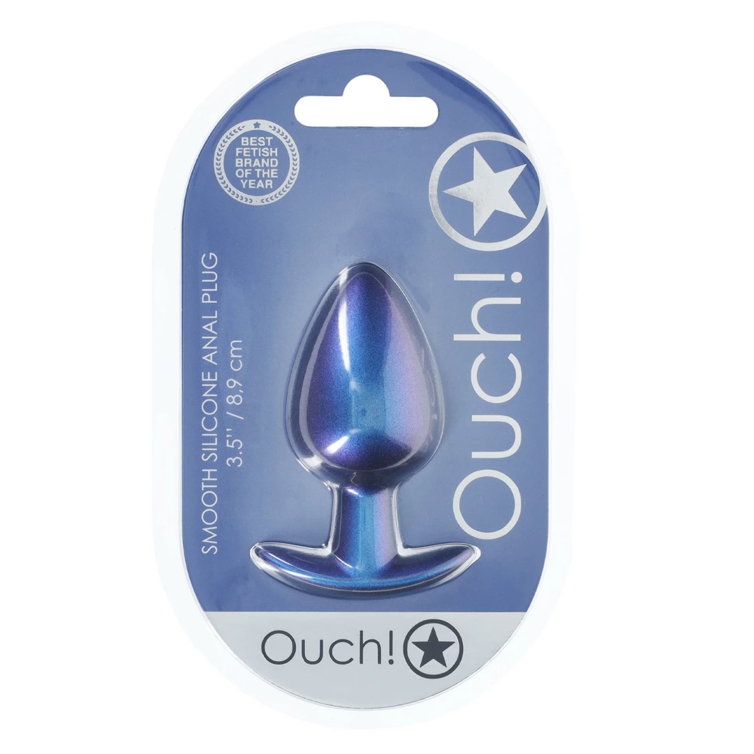 Ouch! Smooth Silicone Plug Large 8,9 cm metaliczny niebieski, silikon medyczny, ergonomiczny