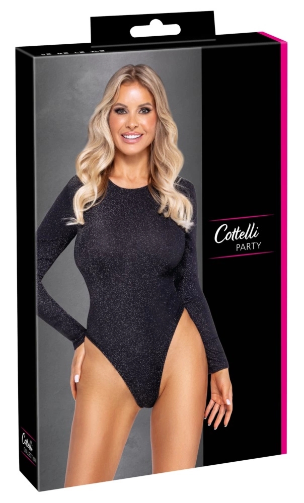 Cottelli PARTY body L – długi rękaw, srebrny brokat, regulowane zapięcie na szyi