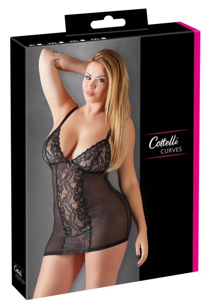 Cottelli Collection Curves Sukienka Bielizniana Czarna 2XL z Koronką i Regulacją
