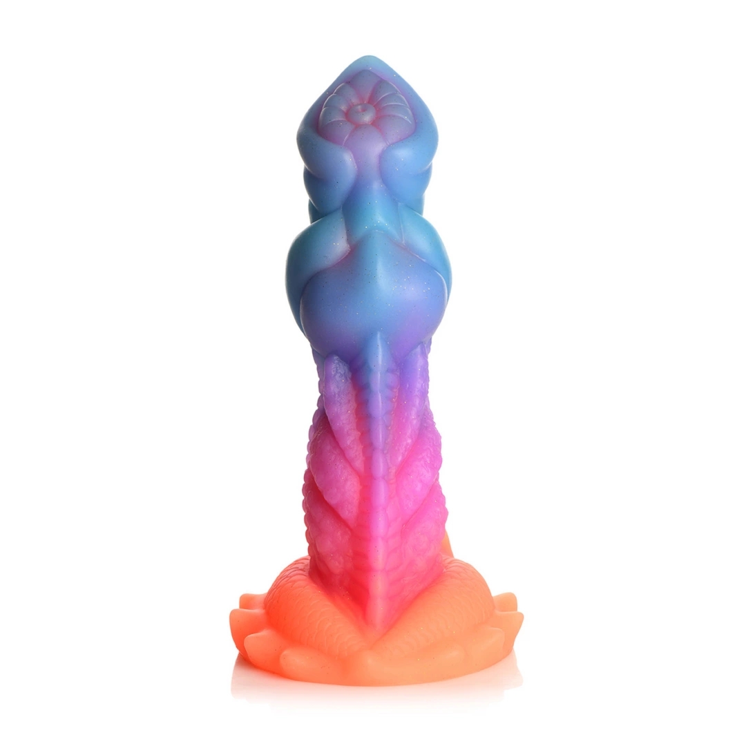 XR Brands Aqua Cock – silikonowa figurka świecąca w ciemności 20 cm, teksturowana, wielobarwna