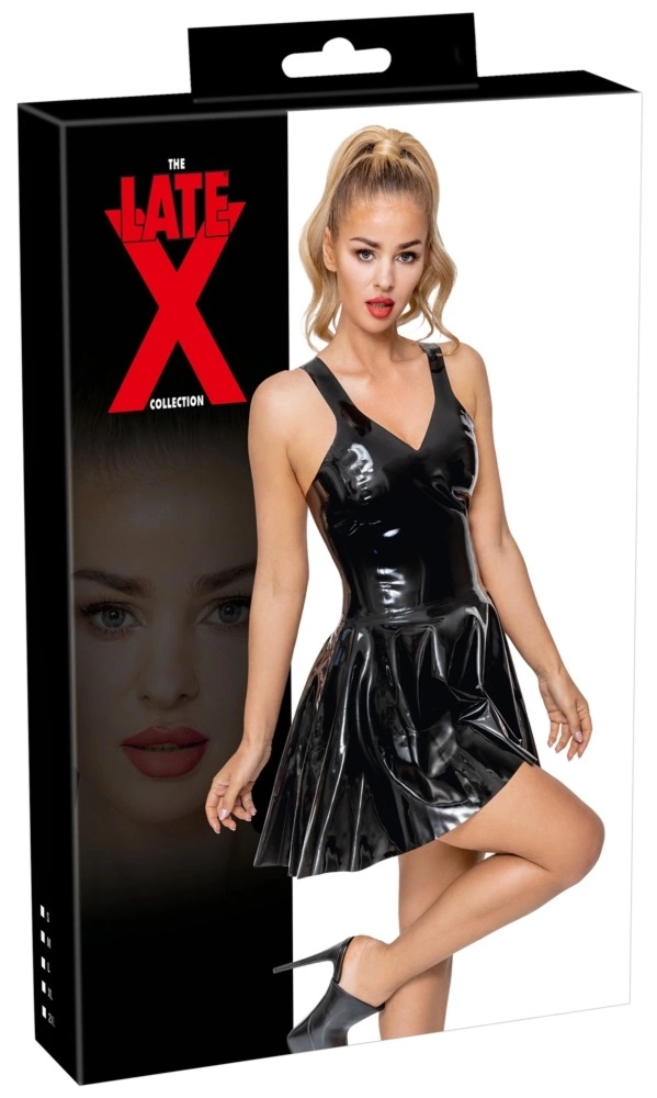 LateX Sukienka Damska Czarna Lateksowa Mini z Falbaną, Anatomiczny Krój, L