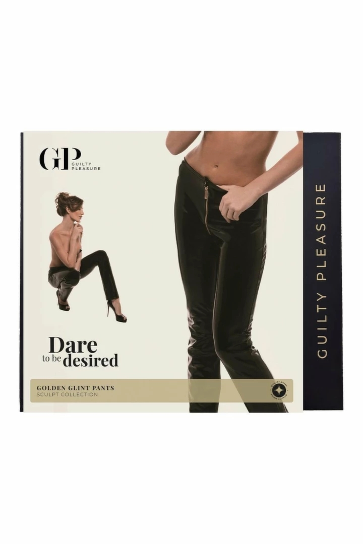 GUILTY PLEASURE Golden Glint Pants Black M – spodnie Datex, złoty zamek, dopasowany krój