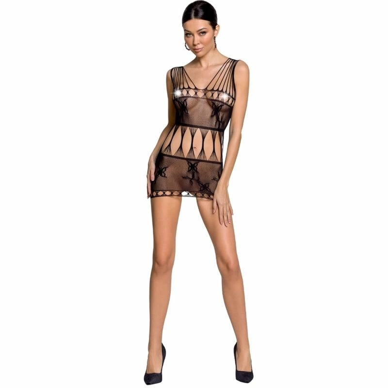 Passion BS090 Bodystocking czarny, siateczkowy, koronkowe zdobienia, elastyczny One Size