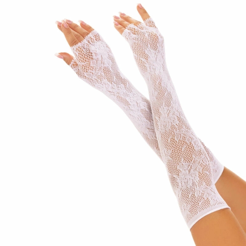 Leg Avenue Opera kwiatowe rękawice bez palców, białe, długa siatka, one size