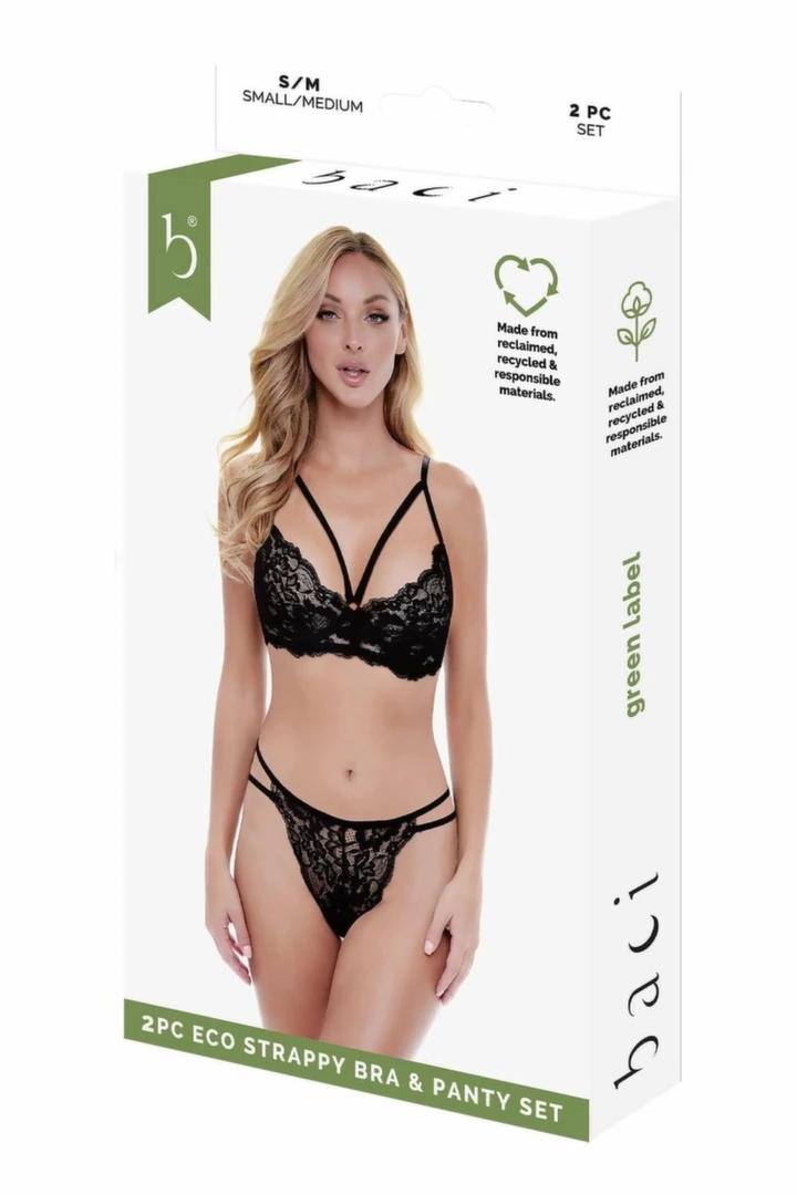 Baci 2 PCS. ECO Strappy Bra and Panty Set Black M/L – ekologiczny komplet, biustonosz z paskami i figi