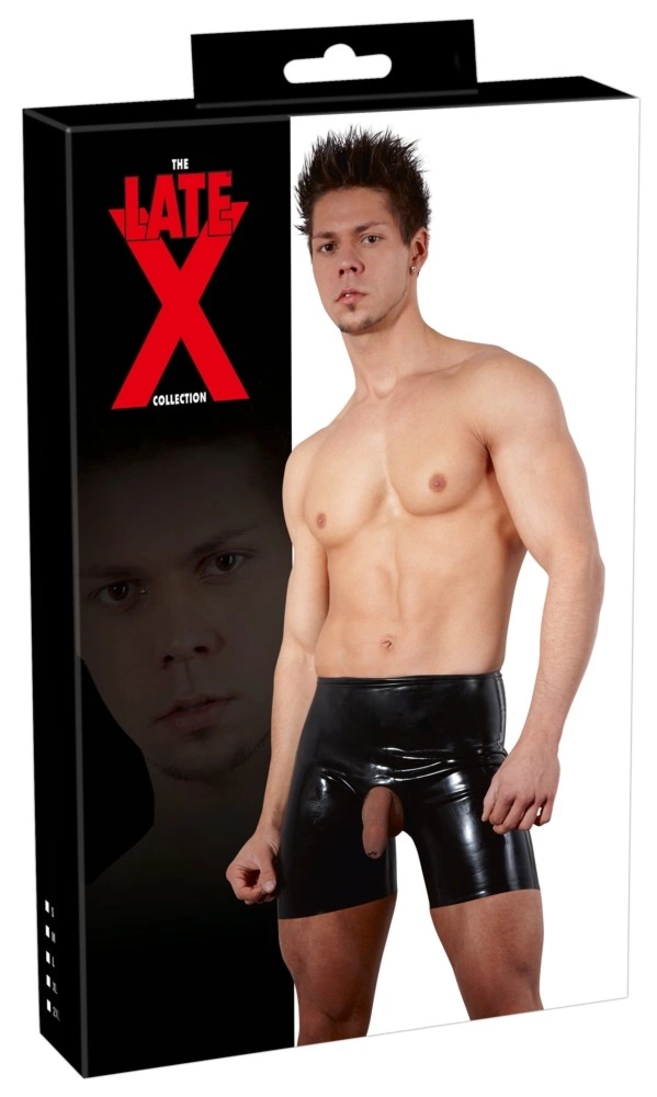 LATE X Spodenki lateksowe męskie XL, czarne, otwór anatomiczny 4 mm, błyszczące