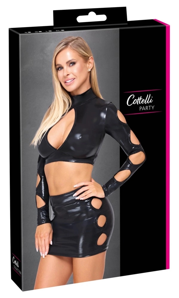 Cottelli PARTY Top i Spodnica XL czarny wetlook z wycięciami, crop top i mini spodnica