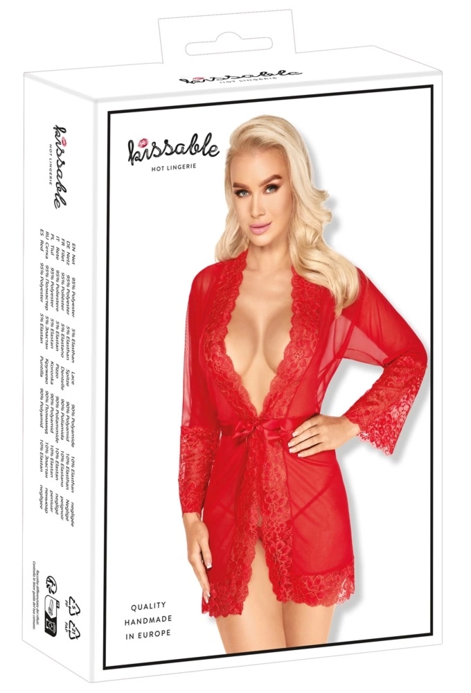 Kissable Kimono L/XL Czerwony z Złotą Koronką, Satynowy Pasek, Transparentny Materiał