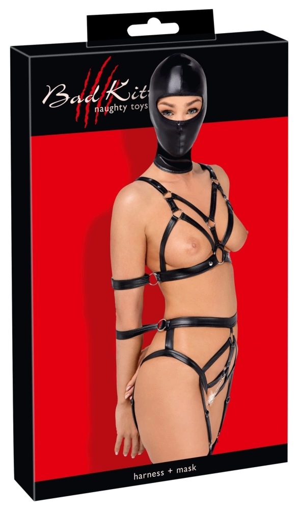 Bad Kitty Zestaw Skorzanych Paseczkow z Maską na Głowę XS czarny, regulowany komplet