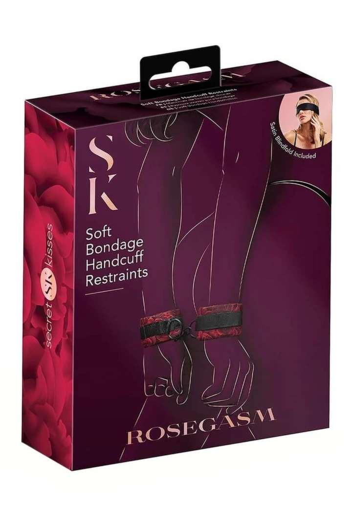 Secret Kisses Rosegasm Cuffs – zestaw regulowanych kajdanek z satynową opaską na oczy