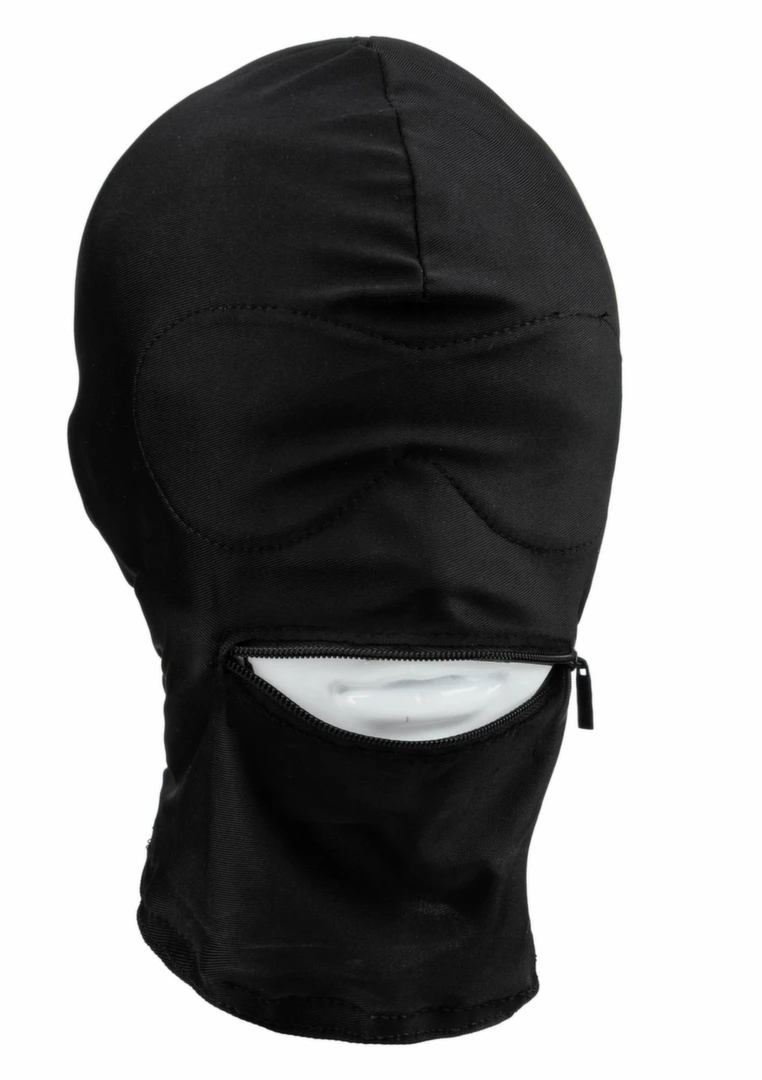 Fetish Hood maska sensoryczna z zasłoną oczu i zamkiem na usta, oddychający materiał, czarna