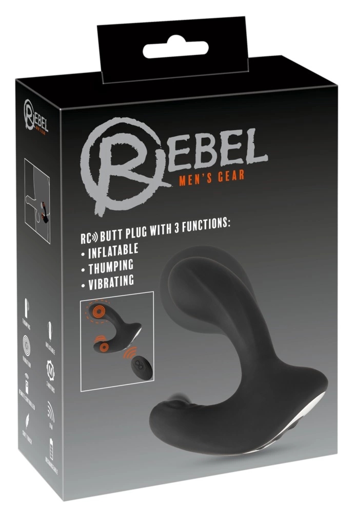 Rebel RC Butt Plug silikonowy, 3 funkcje, pilot, 3 silniki, czarny, 14,2 cm, system powiększania