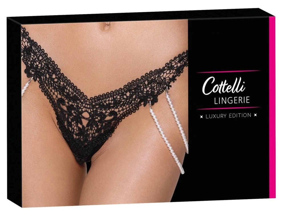 Cottelli LINGERIE Stringi Koronkowe M/L z odpinanymi perłowymi łańcuszkami