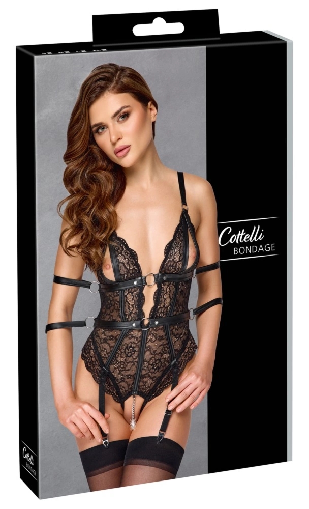 Cottelli Collection BONDAGE body koronkowe czarne S, mankiety, paski do pończoch