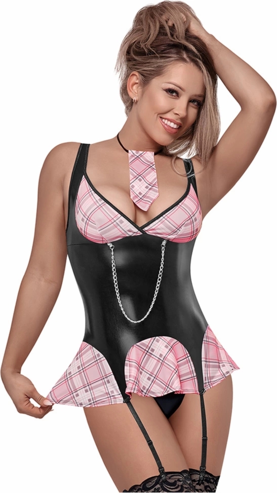 Magic Silk Dress Up Flirty Freshman LXL – stroj z krawatem, podwiązki, stringi