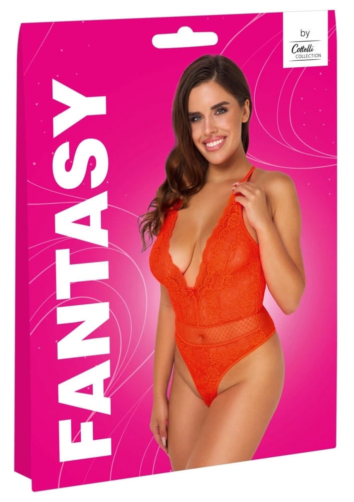 Cottelli Fantasy Body S/M neon koralowy koronkowy z tiulem i regulowanymi ramiączkami