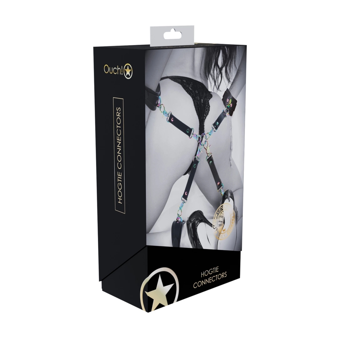 Ouch! Venice Collection 4-Way Hogtie Connectors czarne – skorzany system łączący, iryzujące metalowe okucia