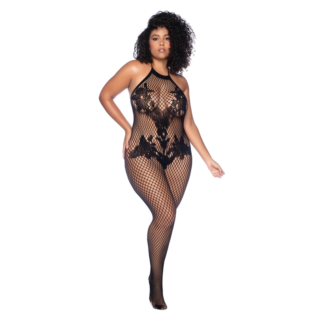 Leg Avenue Body z kwiatowym wzorem i odkrytymi plecami, Plus Size, czarny, elastyczny